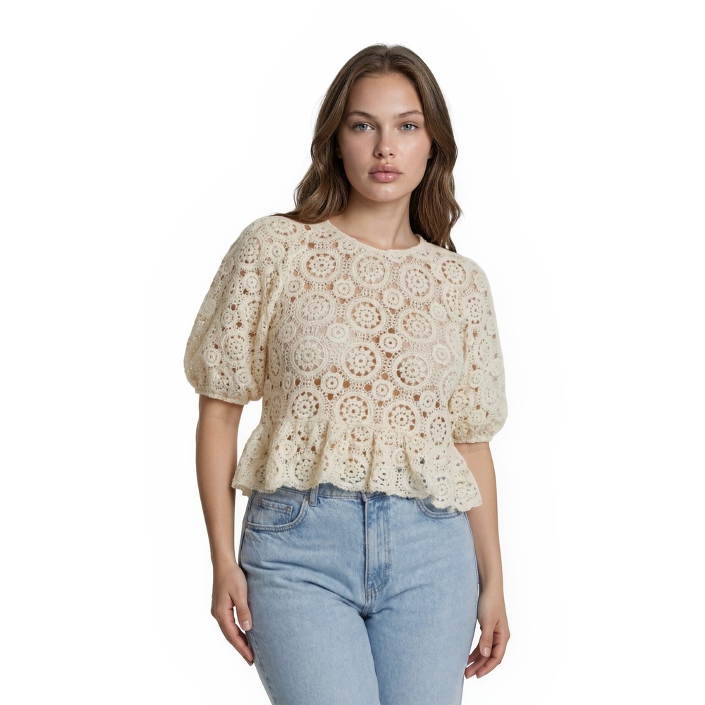 JustFab Crochet Lace Top Blouse Women's Size XXL Cream Peplum Puff Sleeve